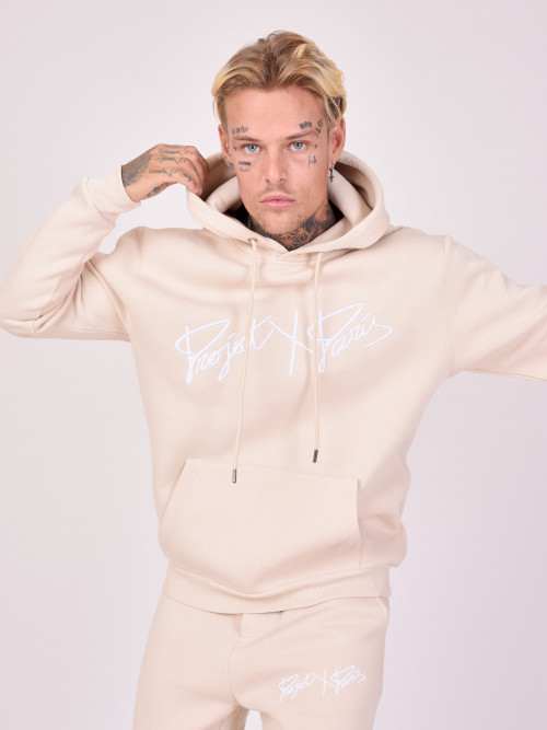 Basic hoodie full logo embroidery - Beige