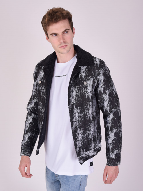 Textured jacket with wool-effect collar - Black