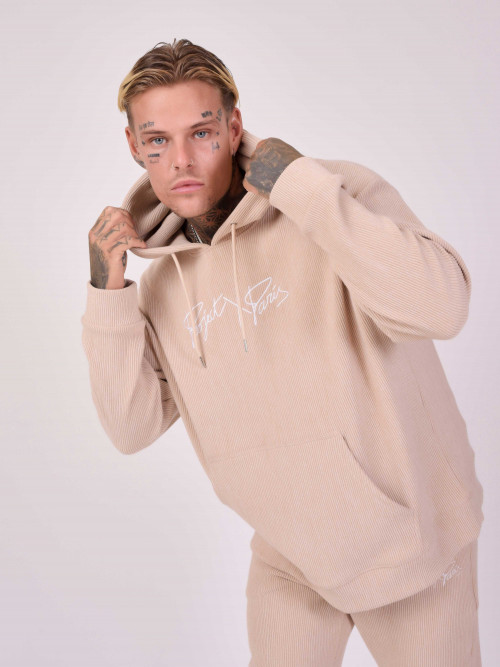 Oversized ribbed hoodie with simple embroidery - Beige