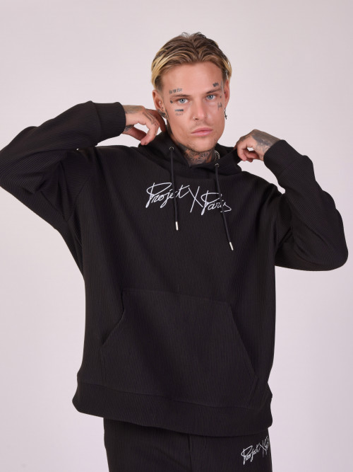 Oversized ribbed hoodie with simple embroidery - Black