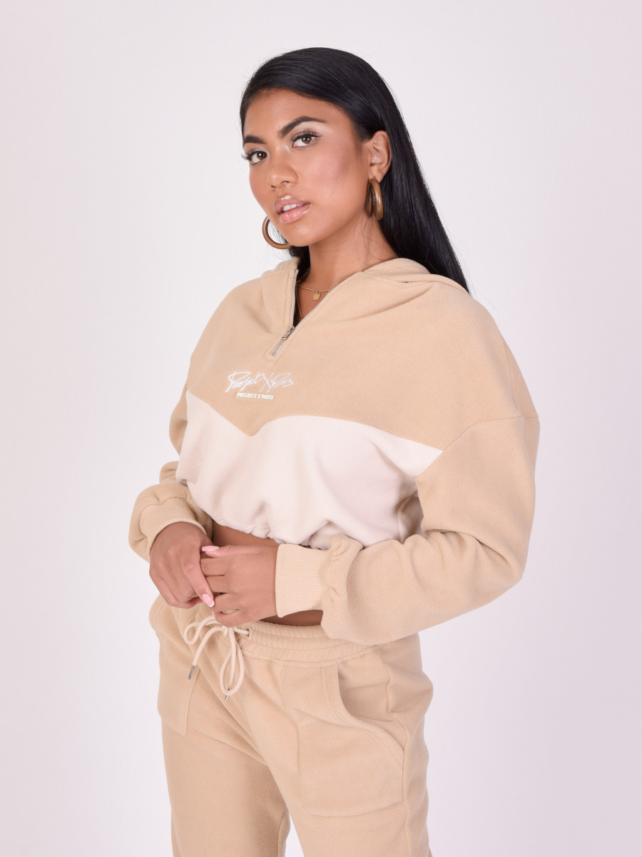 Two-tone fleece crop hoodie