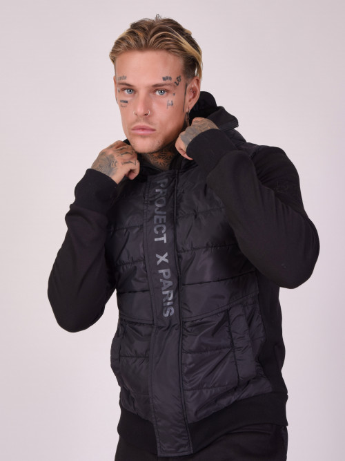 Two-material hooded jacket - Black