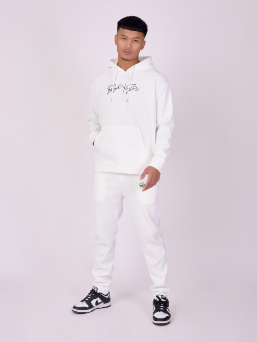 Oversized ribbed hoodie with simple embroidery - White