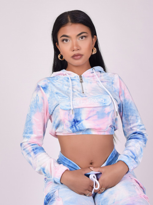 Sweat capuche enfilable velours tie & dye - Rose