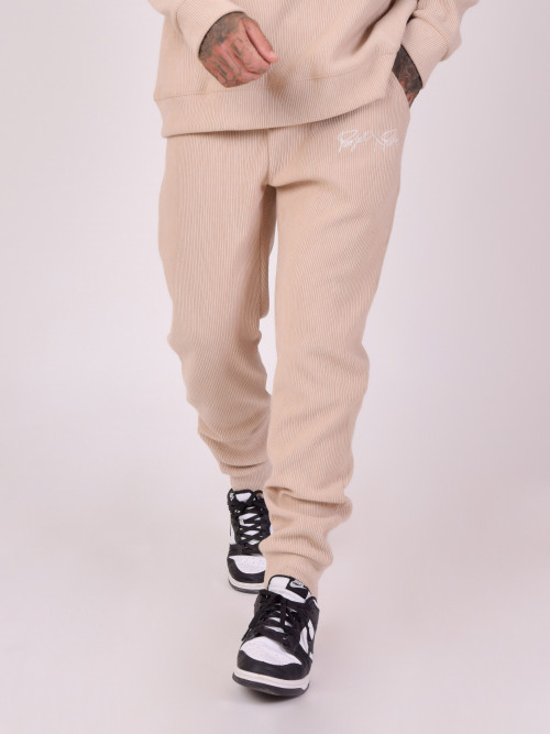 Simple embroidered ribbed jogging bottoms - Beige
