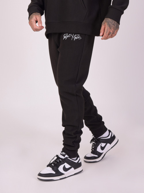 Simple embroidered ribbed jogging bottoms - Black