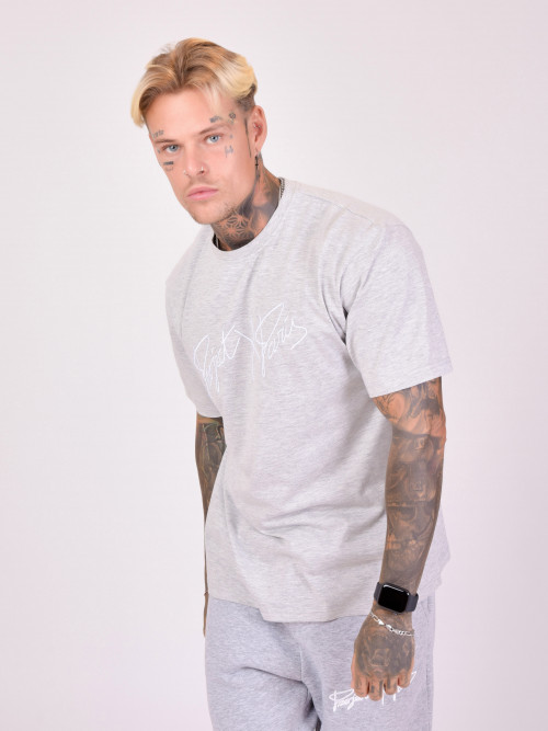 T-shirt básica com logógênero bordado - Cinzento claro