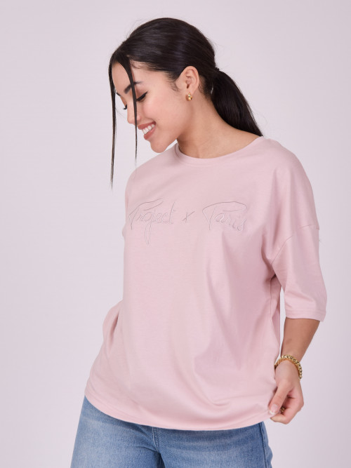 T-shirt básica solta com logógênero - Cor-de-rosa claro