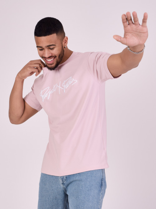 T-shirt básica com logógênero bordado - Cor-de-rosa claro