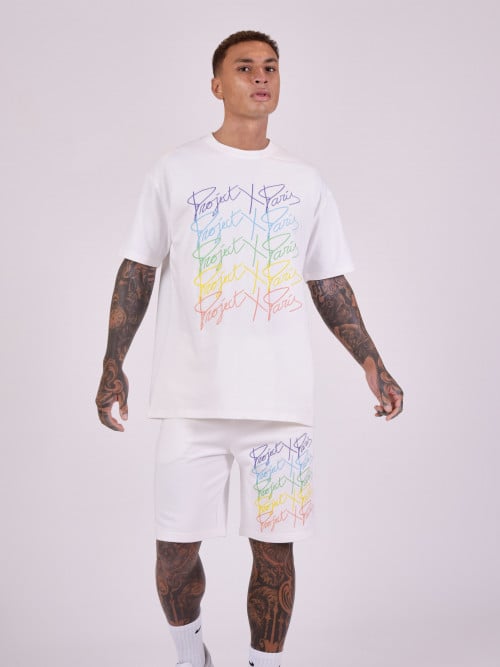 Oversize-Shorts mit Regenbogenlogos - Weiß
