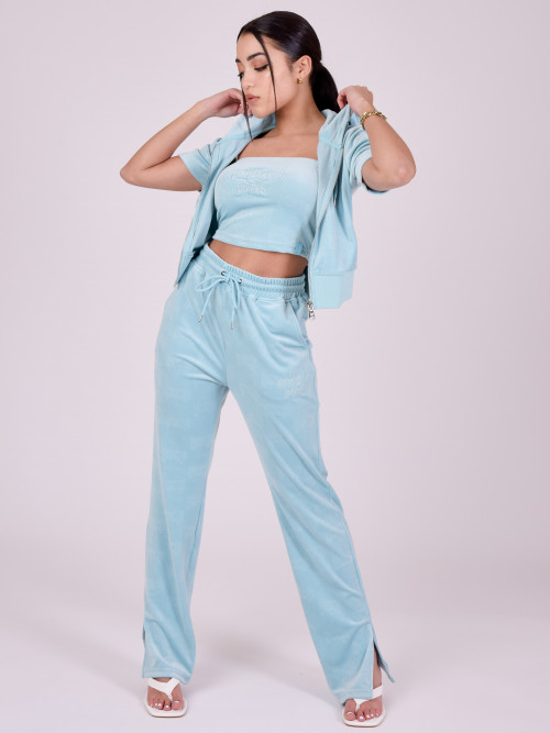 Velvet short-sleeve zip-up cardigan - Turquoise