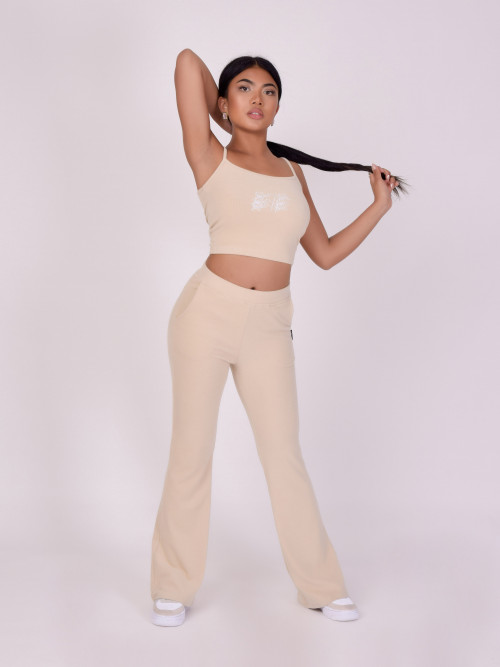 Triple logo ribbed thin strap top - Beige
