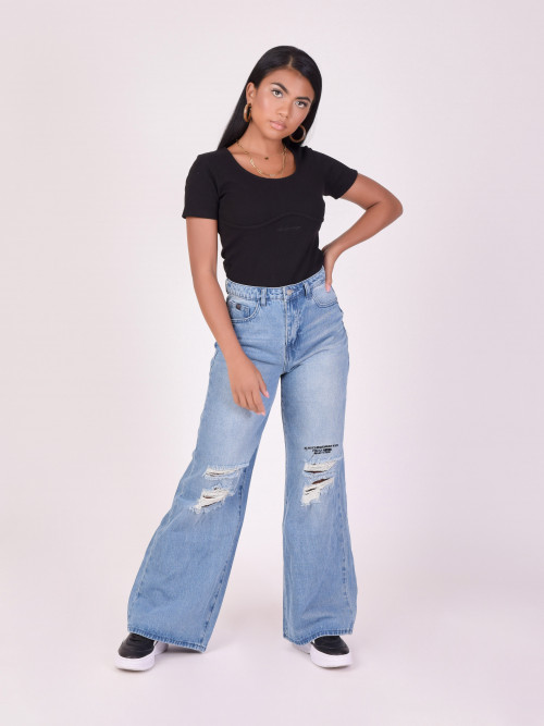 Wide-leg jeans with holes - Blue
