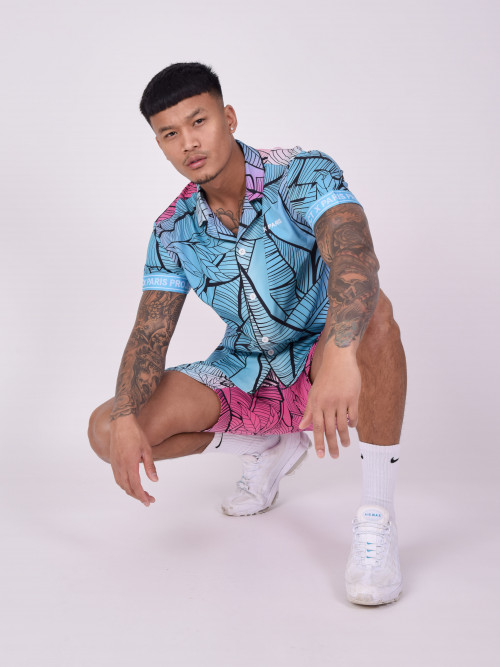 Tropical print casual shirt with lapel collar - Blue