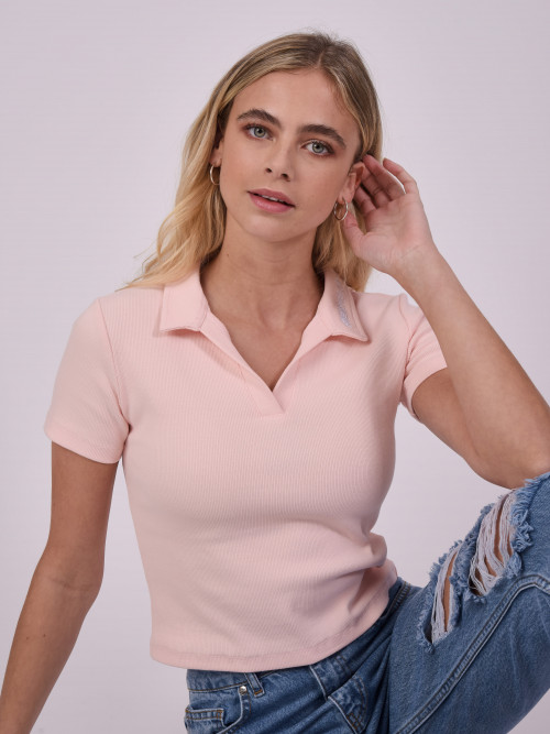 Ribbed polo top - Rose