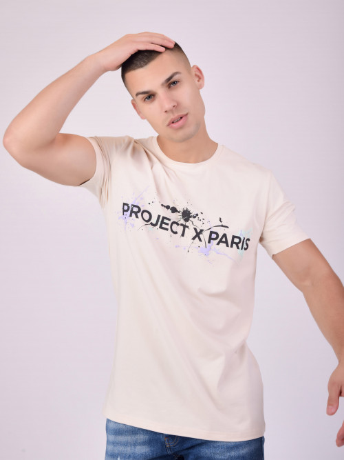 T-shirt de gola redonda com logógênero e manchas de tinta em estampado - Marfim