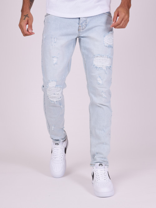 Ripped straight jeans with holes - Light blue