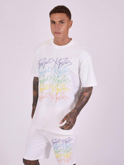 T-shirt de grandes dimensões com logótipos do arco-íris - Branco