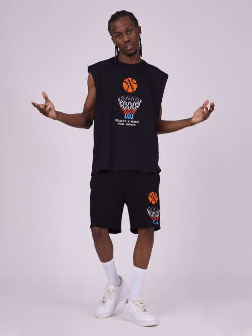 Camiseta sin mangas con diseño de baloncesto pixel - Negro