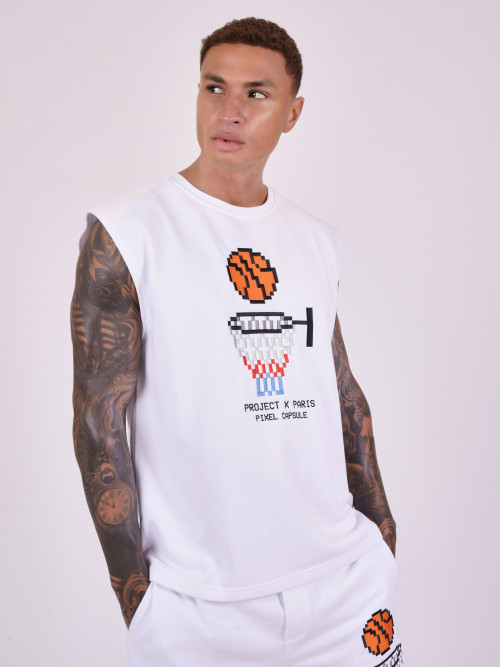 Tee-shirt sans manche design basketball pixel - Blanc