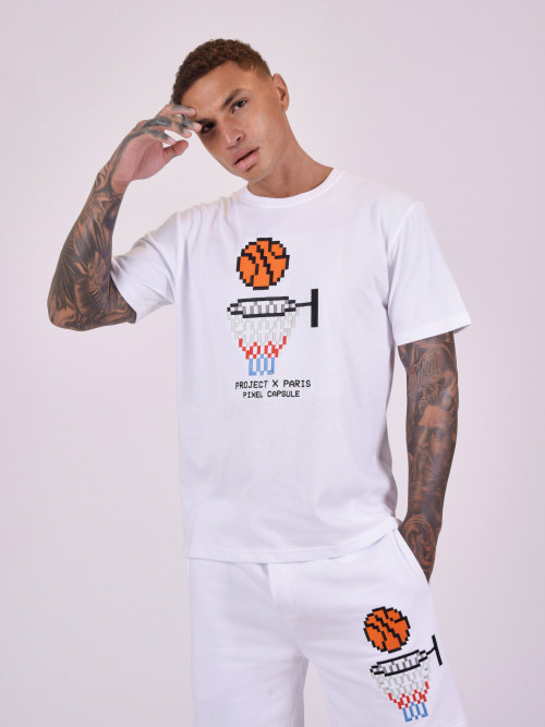 T-shirt com desenho de basquetebol Pixel - Branco