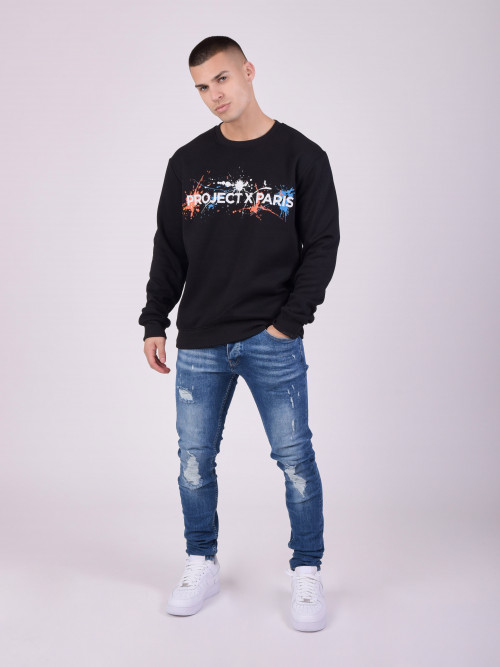Sweatshirt mit Rundhalsausschnitt und Logo und Farbflecken als Aufdruck - Schwarz