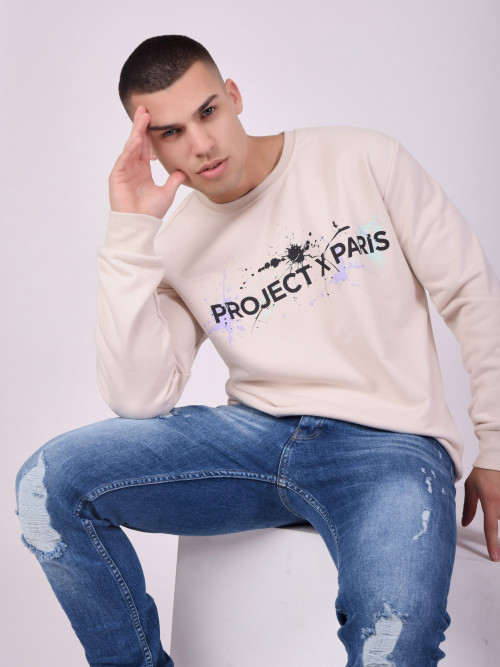 Sweatshirt mit Rundhalsausschnitt und Logo und Farbflecken als Aufdruck - Elfenbein