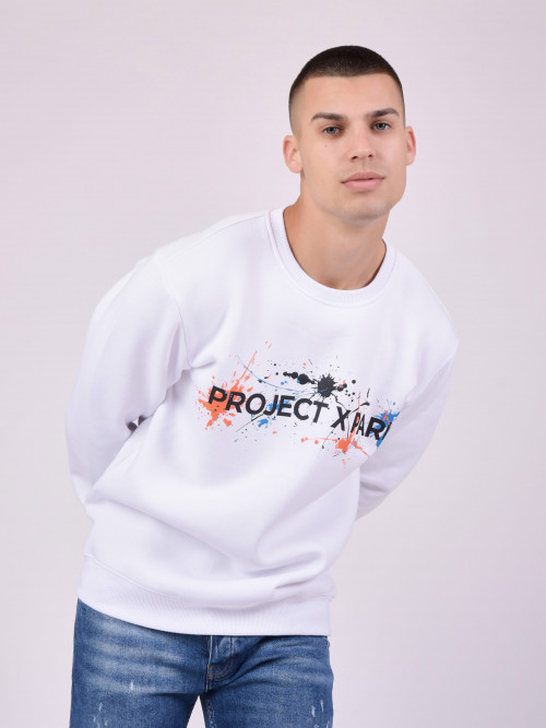 Sweatshirt mit Rundhalsausschnitt und Logo und Farbflecken als Aufdruck - Weiß