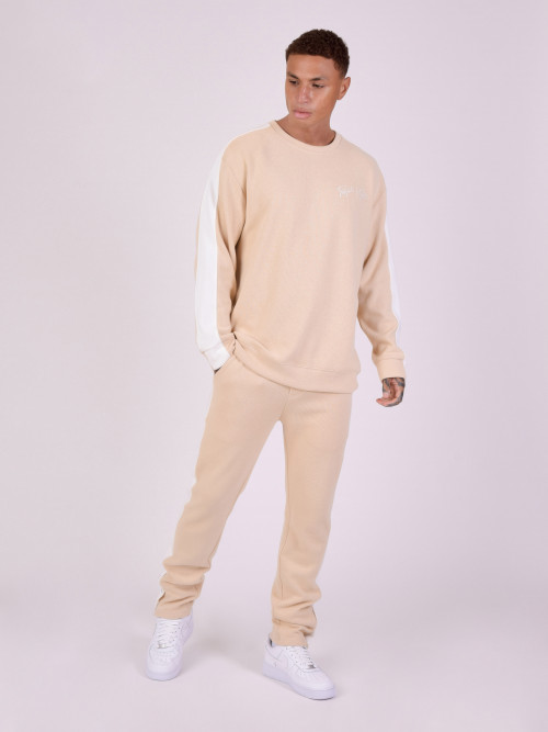 Knitted round-neck sweatshirt with side band - Beige