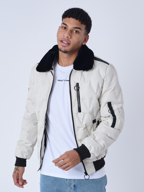 Quilted jacket with fur collar - White