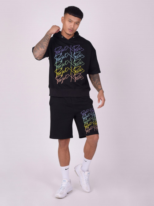 Short-sleeved hoodie with rainbow logos - Black