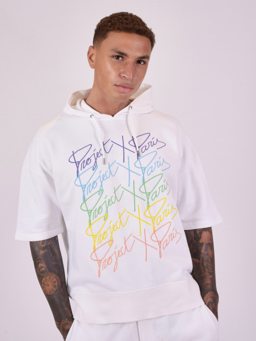 Short-sleeved hoodie with rainbow logos - White