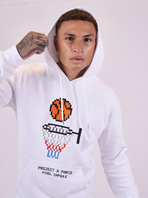 Sudadera con capucha y bordado pixelado con diseño de canasta de baloncesto - Blanco