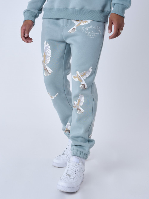 Loose-fitting jogging bottoms with dove motif - Blue green