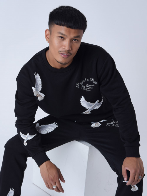 Sweatshirt loose à motif colombes - Noir