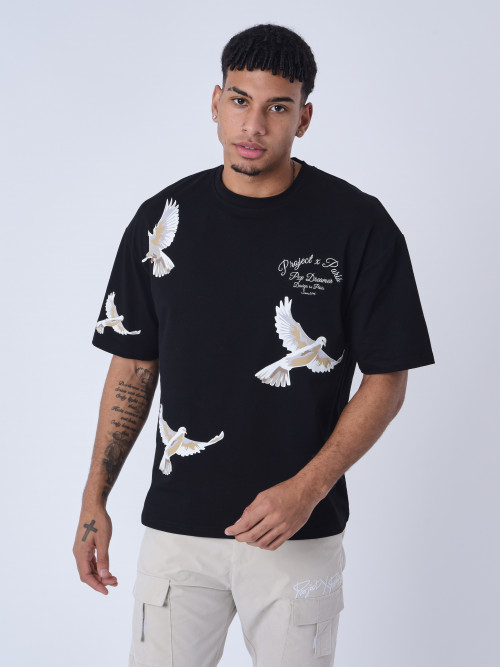 Loose T-Shirt mit Taubenmuster - Schwarz