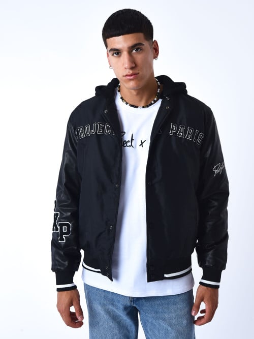 Oversized varsity-style jacket with embroidered patches