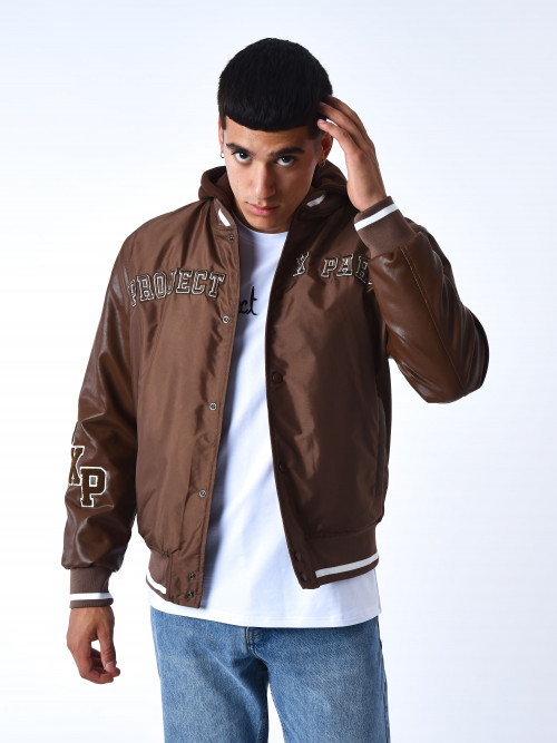 Oversized varsity jacket with embroidered crest - Brown