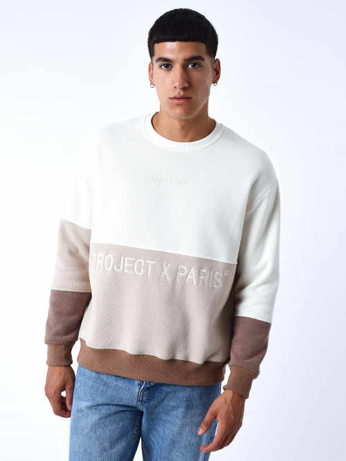 Color Block knitted round-neck sweatshirt - Beige