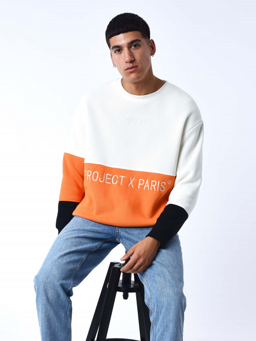 Color Block knitted round-neck sweatshirt - Orange