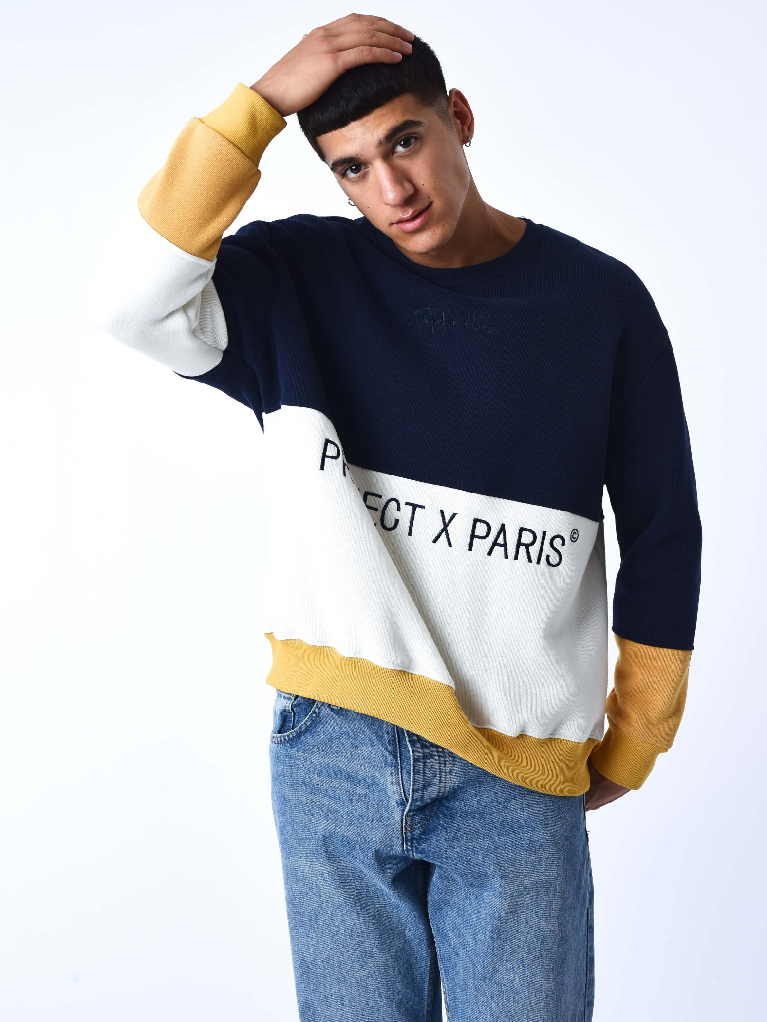 Color Block knitted round-neck sweatshirt - Beige