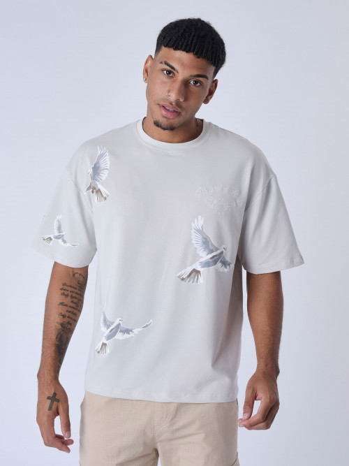 T-shirt loose à motif colombes - Gris clair