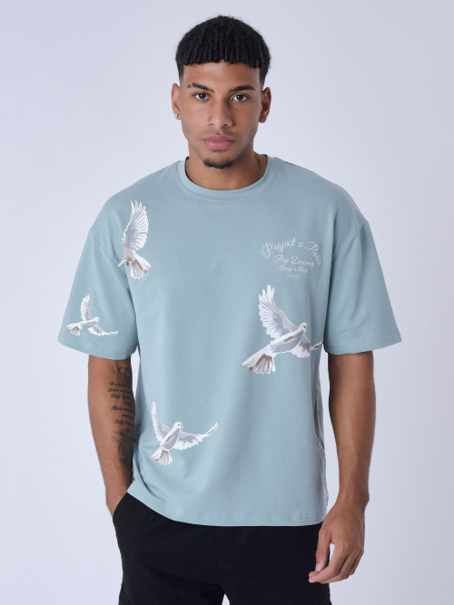 T-shirt loose à motif colombes - Bleu vert