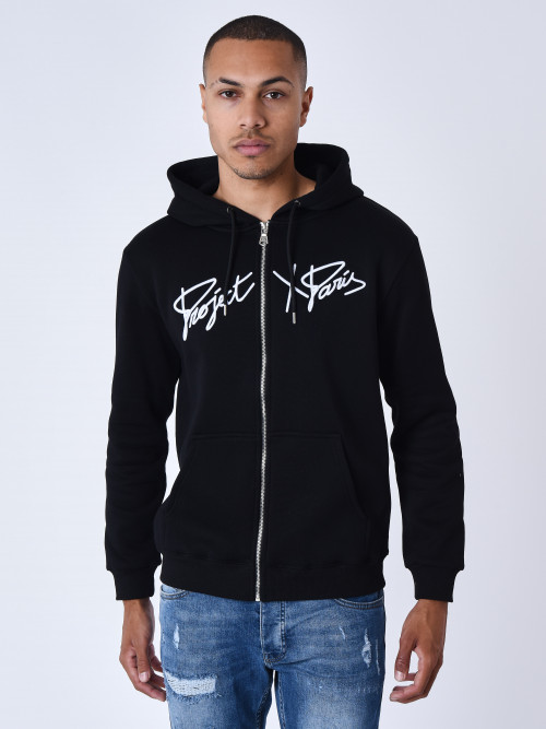 Origin embroidered zipped hooded jacket - Black