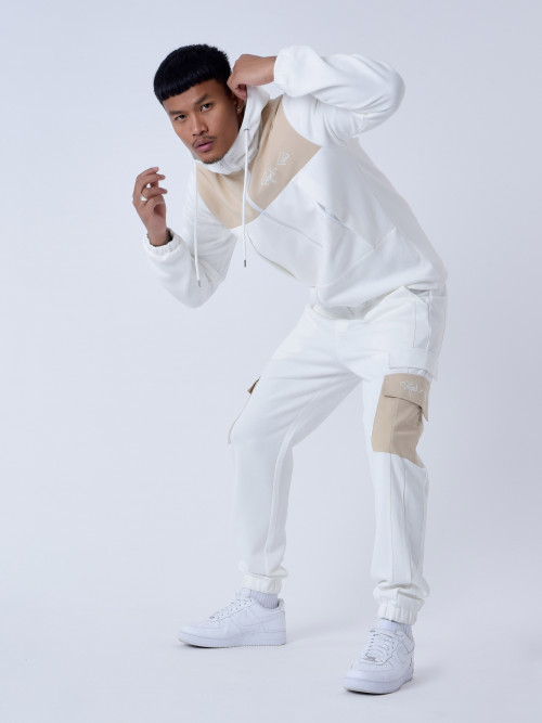Two-material jogging pants with pockets - White