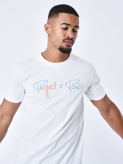 Camiseta de firma con logotipo arco iris bordado - Blanco