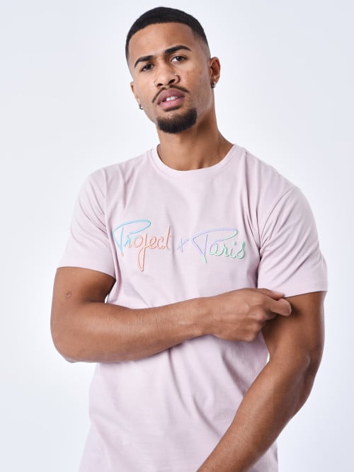 T-shirt de assinatura com o logógênero do arco-íris bordado - Cor-de-rosa claro