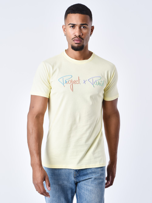 Camiseta de firma con logotipo arco iris bordado - Amarillo