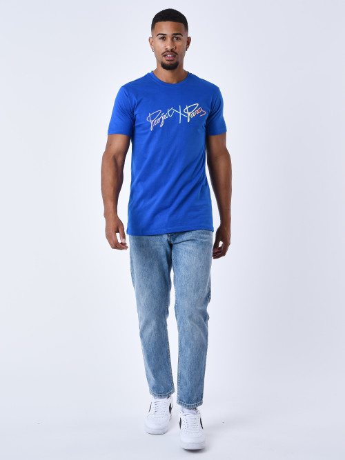 T-shirt básica com o logógênero do arco-íris bordado - Azul
