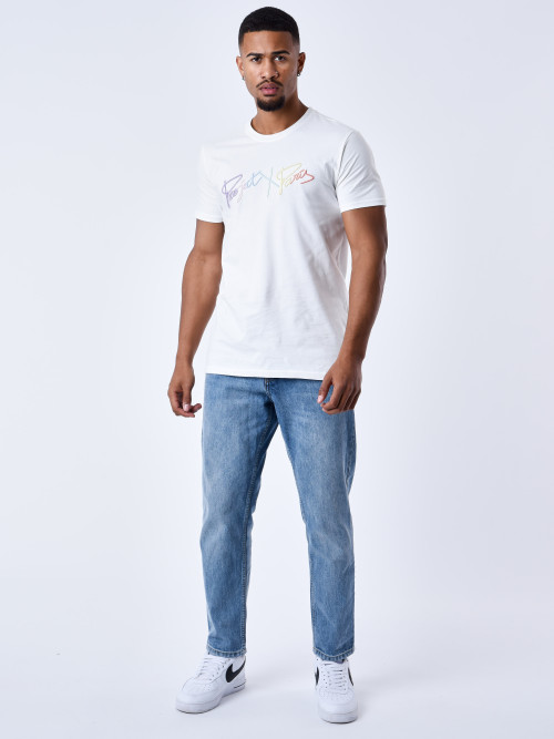 T-Shirt basic full logo Regenbogenstickerei - Weiß